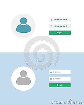 Flat design illustration of login screen set. Avatar and box for entering username and password, vector Vector Illustration