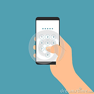 Flat design illustration of male hand holding mobile phone. Enters the PIN code on the numeric keypad of the touch screen, vector Vector Illustration