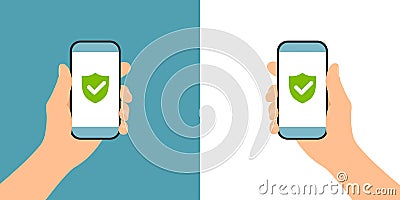 Flat design illustration of male hand holding phone secured and protected by antivirus application, vector Vector Illustration