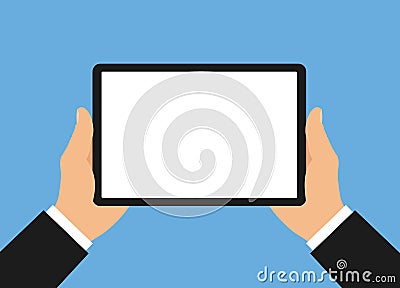 Flat design illustration of manager or businessman hands with tablet. Shows a blank white touch screen with space for your image Vector Illustration