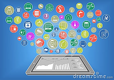 Flat design illustration of modern smart phone or tablet connected to the internet of things via cloud computing Vector Illustration