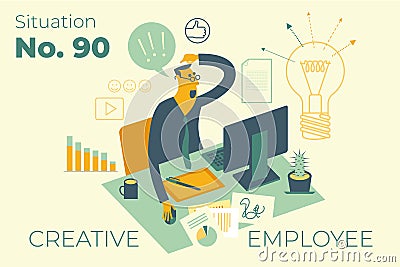 Flat design illustration for presentation, web, landing page, infographics: cartoon character of creative employee, designer or co Vector Illustration