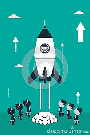 Flat design illustration with rocket, stick astronaut figures and business investors. Vector Illustration