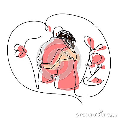 flat design illustration of romantic people hugging line art Vector Illustration