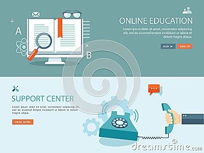 Flat design illustration set with icons and text. Online education and support center Vector Illustration