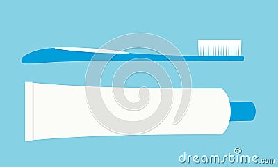 Flat design illustration of toothbrush and tube of toothpaste. Dental care, isolated on green-blue background, vector Vector Illustration