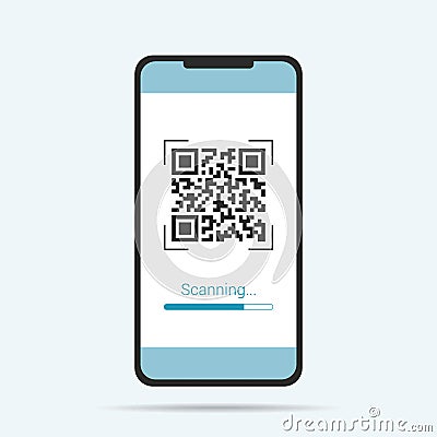 Flat design illustration of touch screen smartphone. QR code scanner with scanning text, vector Vector Illustration