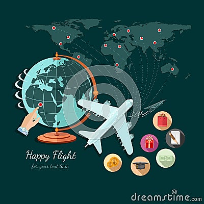 Flat design illustration of tourism and travel, globe and plane fly on other part of world Vector Illustration