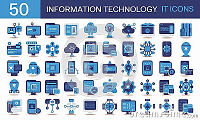 50 Flat Design Information Technology IT Icons Software Cloud Computing and Network Symbols Stock Photo