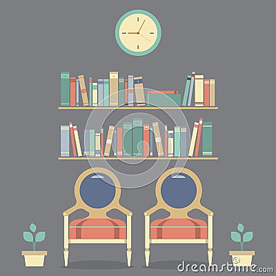 Flat Design Interior Vintage Chairs and Bookshelf Vector Illustration