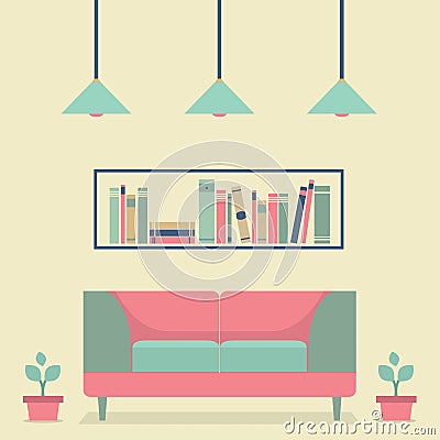 Flat Design Interior Vintage Sofa and Bookshelf Vector Illustration