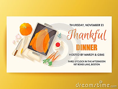 Flat design invitation card for Thanksgiving dinner. Vector Illustration