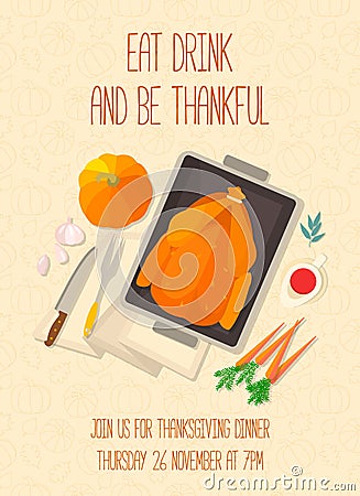 Flat design invitation card for Thanksgiving dinner. Vector Illustration