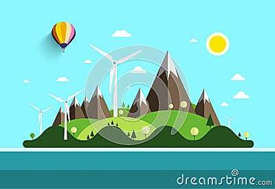 Flat Design Landscape. Island in Ocean. Vector Illustration