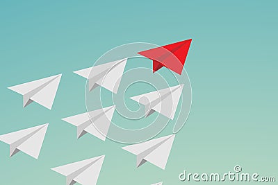 Flat design Leadership teamwork and courage concept. red paper plane and many white ones on sky Stock Photo