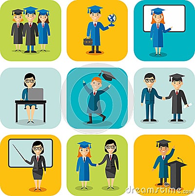 Flat design learning concept for education with graduates, teachers Vector Illustration