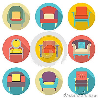 Flat Design Long Shadow Effect Sofa Icons Set Vector Illustration