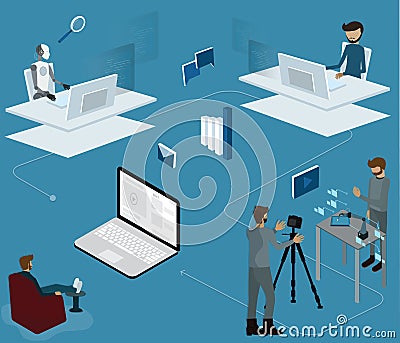 Flat design of machine learning concept,A man sit on sofa front of the huge laptop and watching video via website - vector Vector Illustration