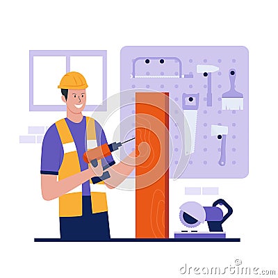 Flat design of man work in carpentry shop Cartoon Illustration