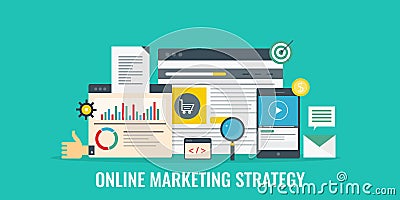 Online marketing strategy, internet business, digital marketing, media, advertising, web promotion concept. Flat design banner. Vector Illustration