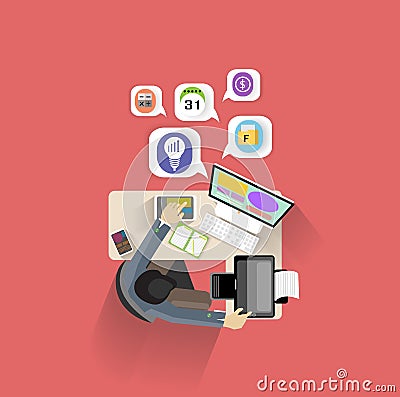 Flat design modern vector illustration concept of businessman creative office work space, Top view of desk background Vector Illustration