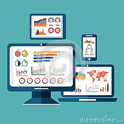 Flat design modern vector illustration concept of website analytics search information and computing data analysis using modern el Vector Illustration
