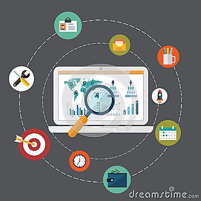 Flat design modern vector illustration concept of website analytics search information and computing data analysis using modern el Vector Illustration