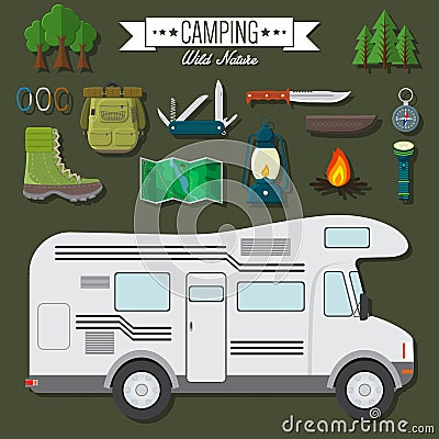 Flat design modern vector illustration of travel and vacation set. Camping and hiking equipment items, car RV, knife and Vector Illustration