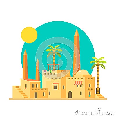 Flat design of mud houses village with obelisk Vector Illustration