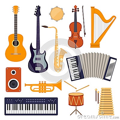 Flat design musical instruments, set of icons. Guitar, synthesizer, violin, cello, drum, cymbals, saxophone, accordion, tambourine Cartoon Illustration