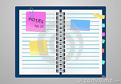 Flat design notepad and paper sheets whit place for text. sticky colorful tape on grey background. Vector Illustration