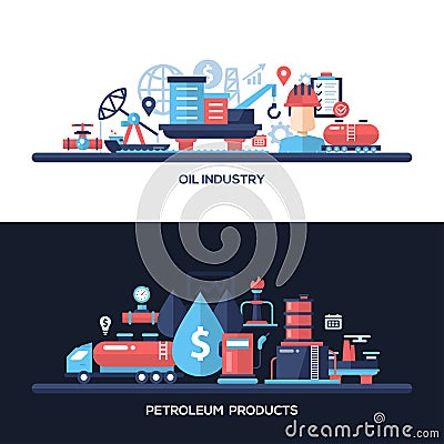 Flat design oil and gas industry website headers banners set Vector Illustration