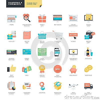 Flat design online shopping and e-commerce icons for graphic and web designers Vector Illustration
