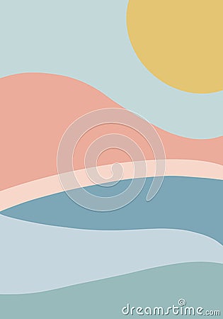 Flat design pastel waves or hills on landscape with sun. Minimal landscape pastel color palette nordic design illustration Stock Photo