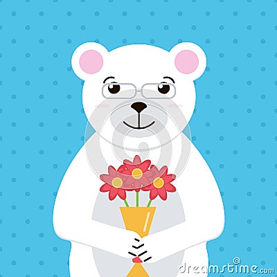 Flat design polar bear with bouquet of flowers illustration. Colorful greeting card with cute white bear Vector Illustration