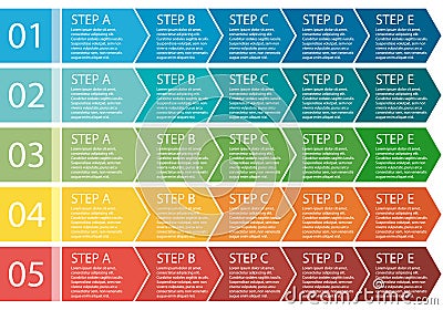 Flat design. Process arrows boxes. Five steps. Vector Illustration