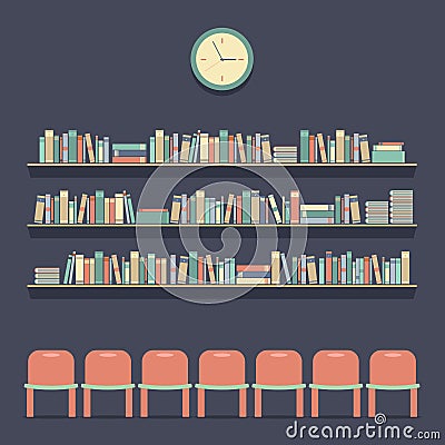 Flat Design Reading Seats and Bookshelves Vector Illustration