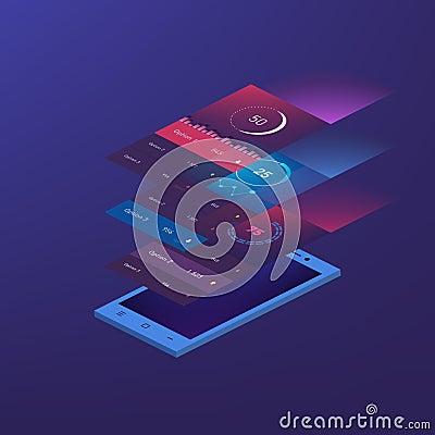 Flat design responsive Management and Administration Dashbord UI mobile app template on trendy subtle blurred background Stock Photo