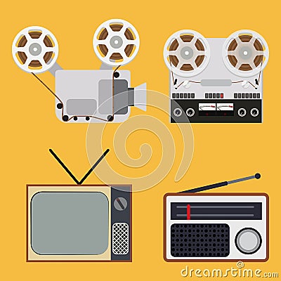 Flat design retro objects with a film projector, Vector Illustration