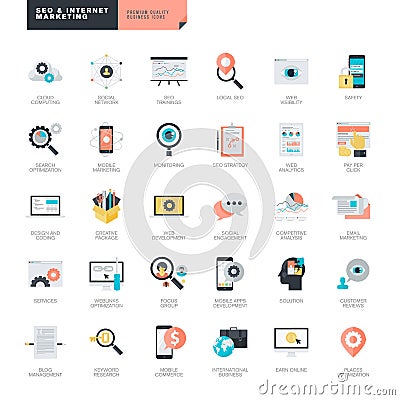 Flat design SEO and internet marketing icons for graphic and web designers Vector Illustration