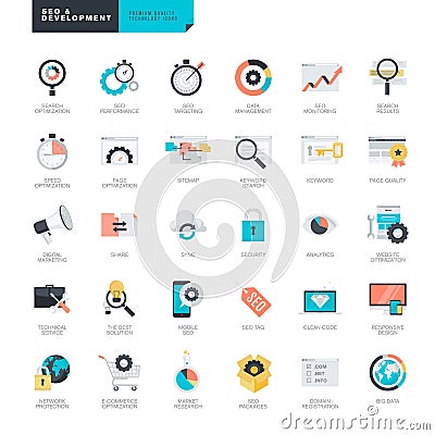 Flat design SEO and website development icons for graphic and web designers Vector Illustration