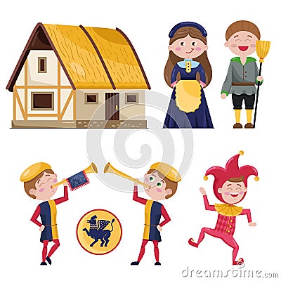 Set of medieval characters and house Vector Illustration