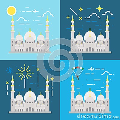 Flat design of Sheikh Zayed grand mosque Abu Dhabi Vector Illustration