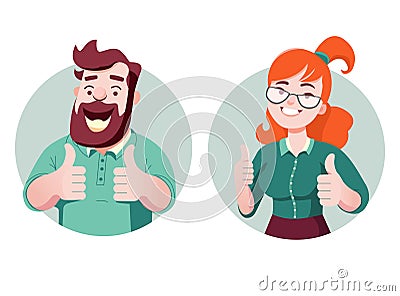 Flat design Smiling people showing ok sign with hands. Happy a woman demonstrate approval gesture. vector Stock Photo