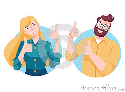 Flat design Smiling people showing ok sign with hands. Happy a woman demonstrate approval gesture. vector Stock Photo