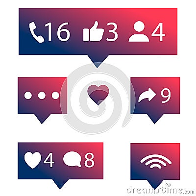 Flat design social network rating icons: thumbs up icon, heart symbol, repost and new follower set. Stock Photo