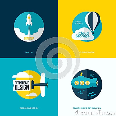 Flat design of the startup process, cloud storage, web design Vector Illustration