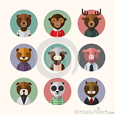 Flat design style animal avatar icon set Vector Illustration