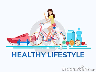 Flat design style. Healthy lifestyle concept. Adult young woman riding bicycles. Vector Illustration