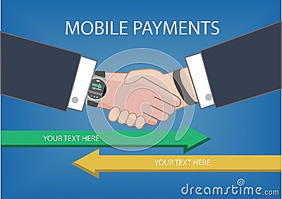 Flat design style illustration of modern smart watch with processing of mobile payments from one device to another Cartoon Illustration